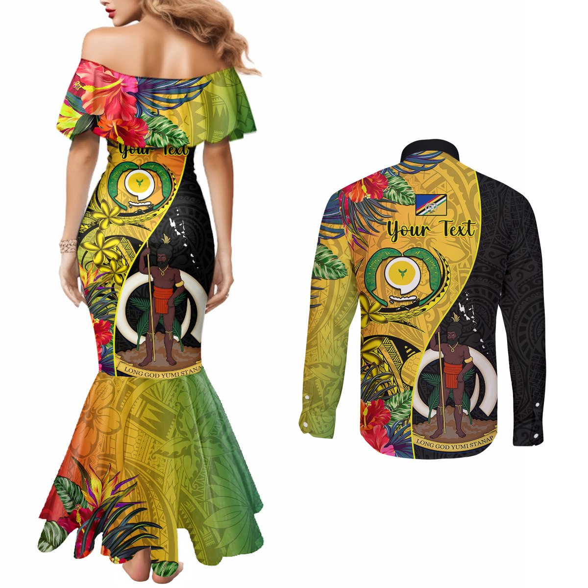 personalised-vanuatu-torba-day-couples-matching-mermaid-dress-and-long-sleeve-button-shirts-coat-of-arms-mix-tropical-flowers
