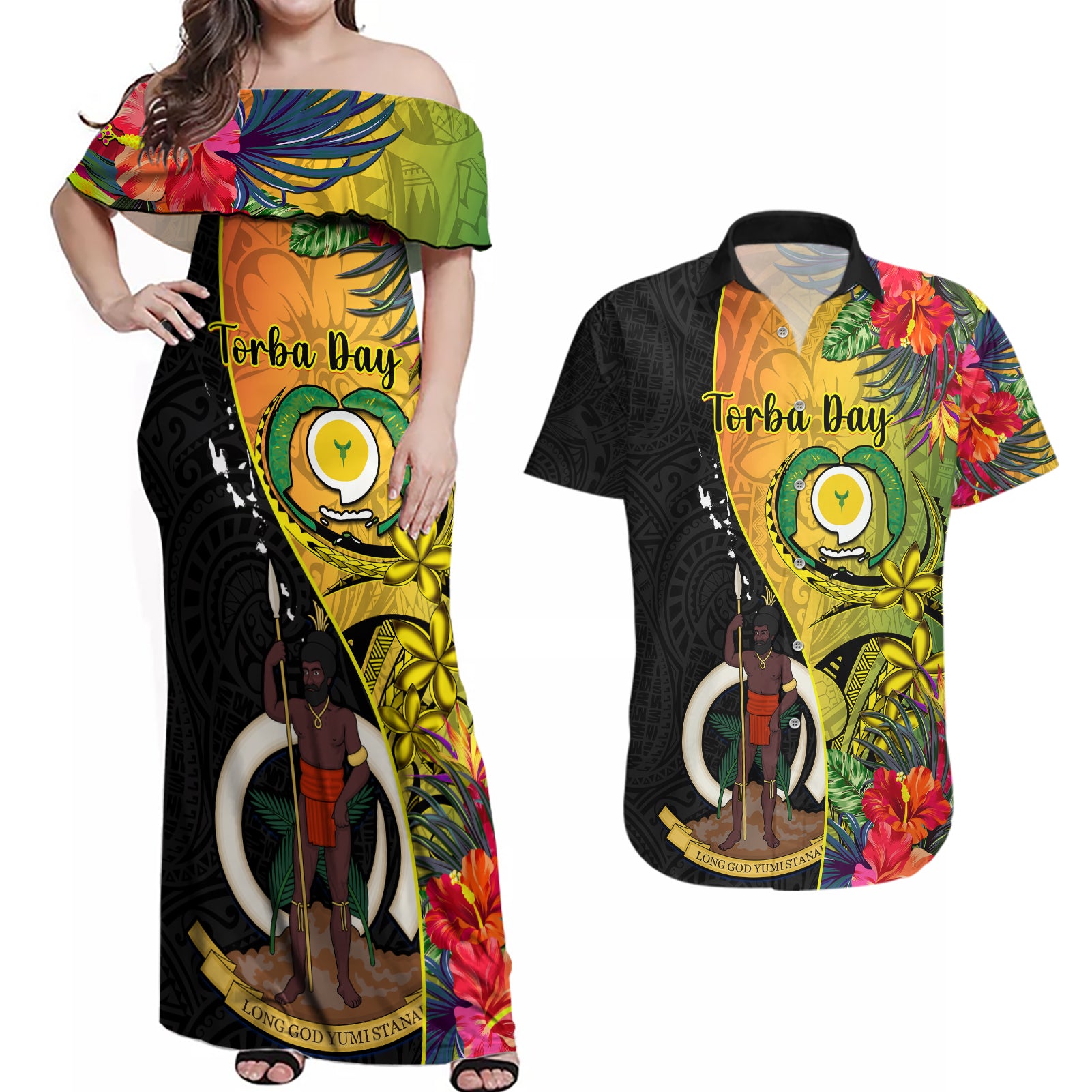 personalised-vanuatu-torba-day-couples-matching-off-shoulder-maxi-dress-and-hawaiian-shirt-coat-of-arms-mix-tropical-flowers