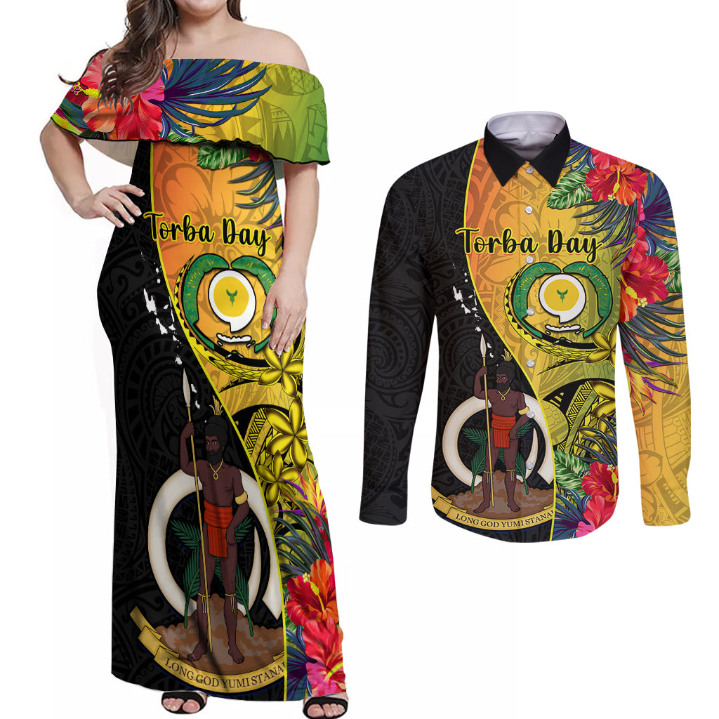 Personalised Vanuatu Torba Day Couples Matching Off Shoulder Maxi Dress and Long Sleeve Button Shirts Coat Of Arms Mix Tropical Flowers LT14 Black - Polynesian Pride