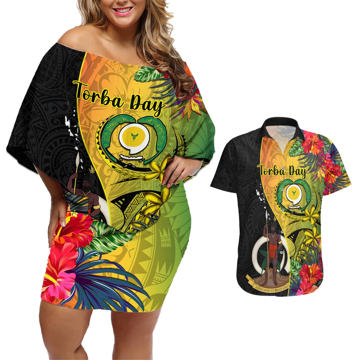 Personalised Vanuatu Torba Day Couples Matching Off Shoulder Short Dress and Hawaiian Shirt Coat Of Arms Mix Tropical Flowers LT14 Black - Polynesian Pride