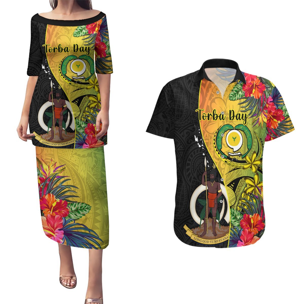 Personalised Vanuatu Torba Day Couples Matching Puletasi Dress and Hawaiian Shirt Coat Of Arms Mix Tropical Flowers LT14 Black - Polynesian Pride