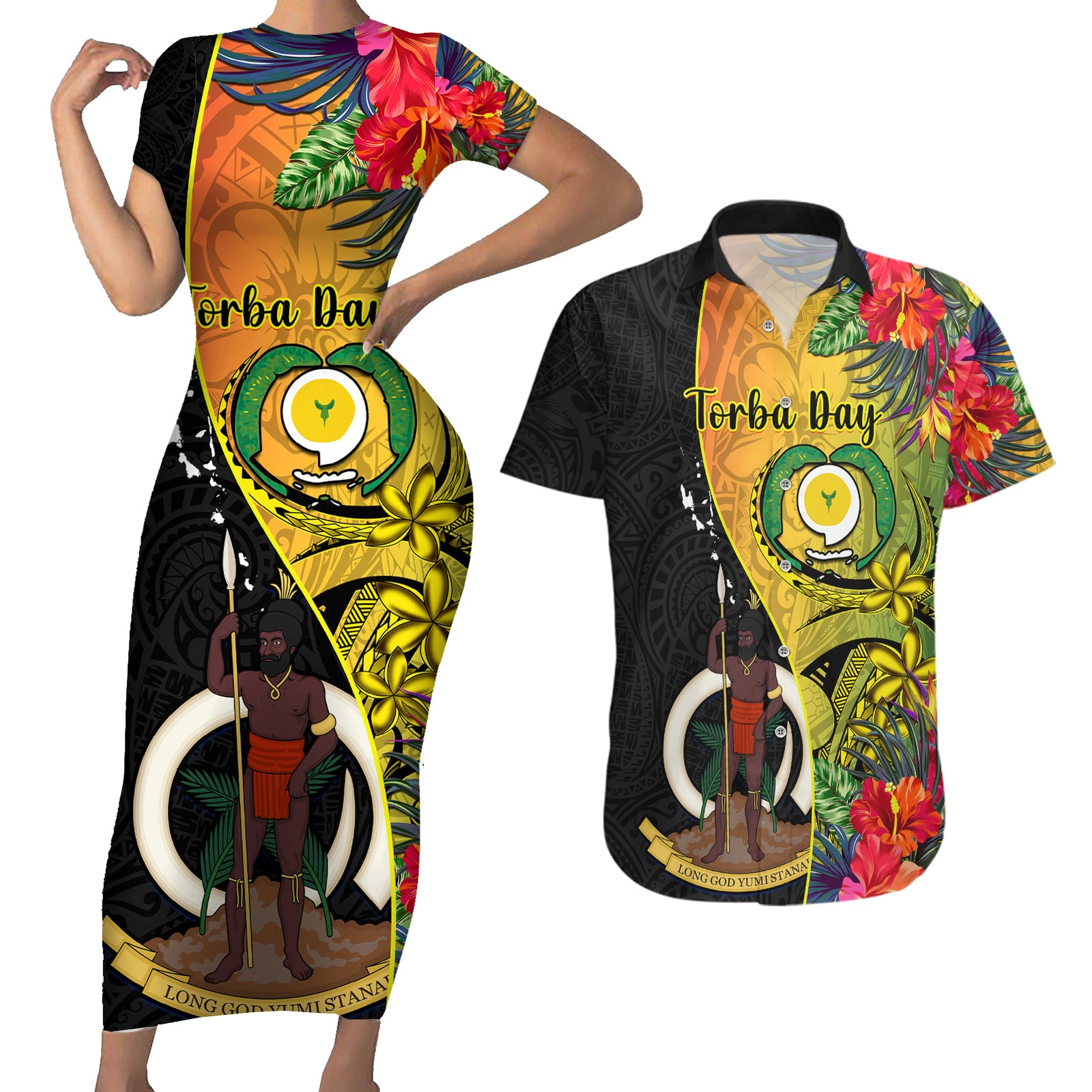 Personalised Vanuatu Torba Day Couples Matching Short Sleeve Bodycon Dress and Hawaiian Shirt Coat Of Arms Mix Tropical Flowers LT14 Black - Polynesian Pride