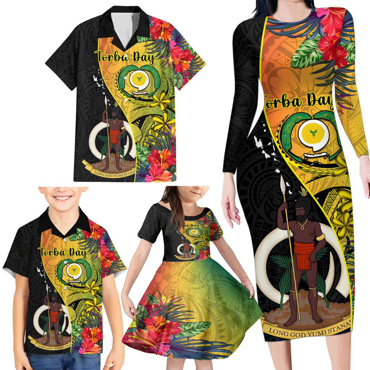 personalised-vanuatu-torba-day-family-matching-long-sleeve-bodycon-dress-and-hawaiian-shirt-coat-of-arms-mix-tropical-flowers