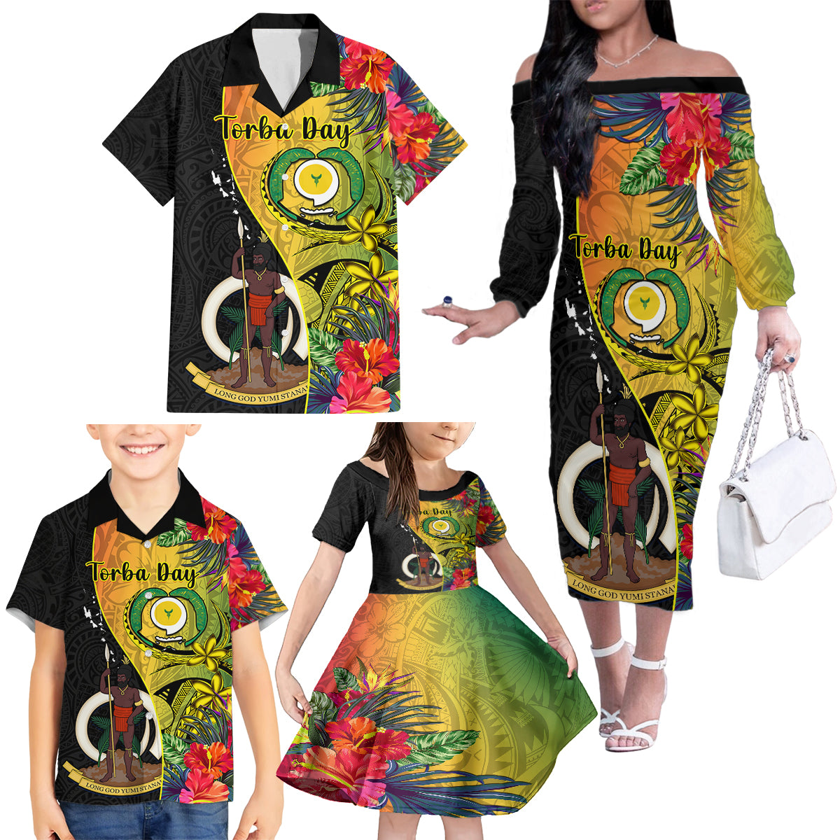 personalised-vanuatu-torba-day-family-matching-off-shoulder-long-sleeve-dress-and-hawaiian-shirt-coat-of-arms-mix-tropical-flowers