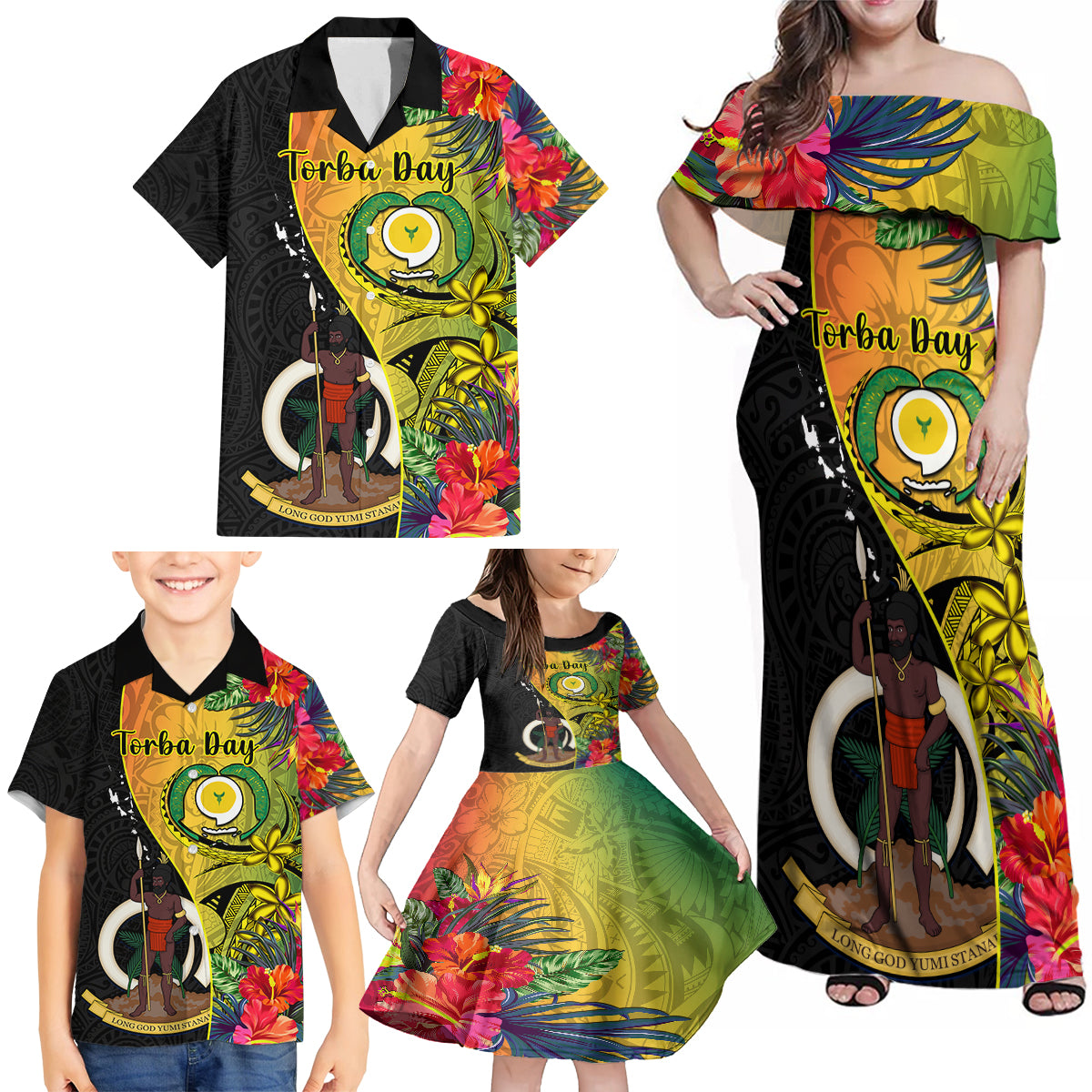 personalised-vanuatu-torba-day-family-matching-off-shoulder-maxi-dress-and-hawaiian-shirt-coat-of-arms-mix-tropical-flowers