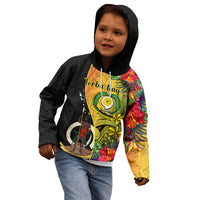 Personalised Vanuatu Torba Day Kid Hoodie Coat Of Arms Mix Tropical Flowers LT14 - Polynesian Pride