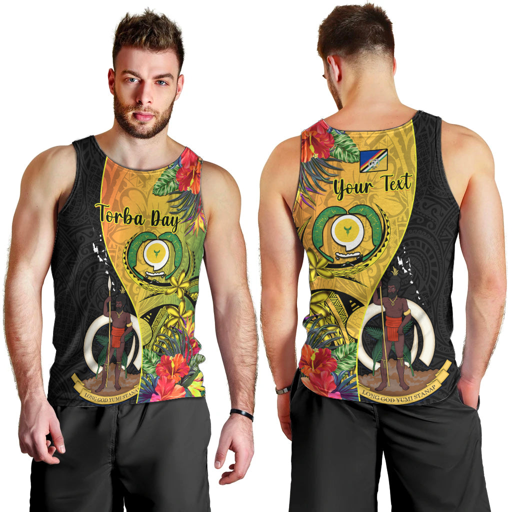 Personalised Vanuatu Torba Day Men Tank Top Coat Of Arms Mix Tropical Flowers LT14 - Polynesian Pride