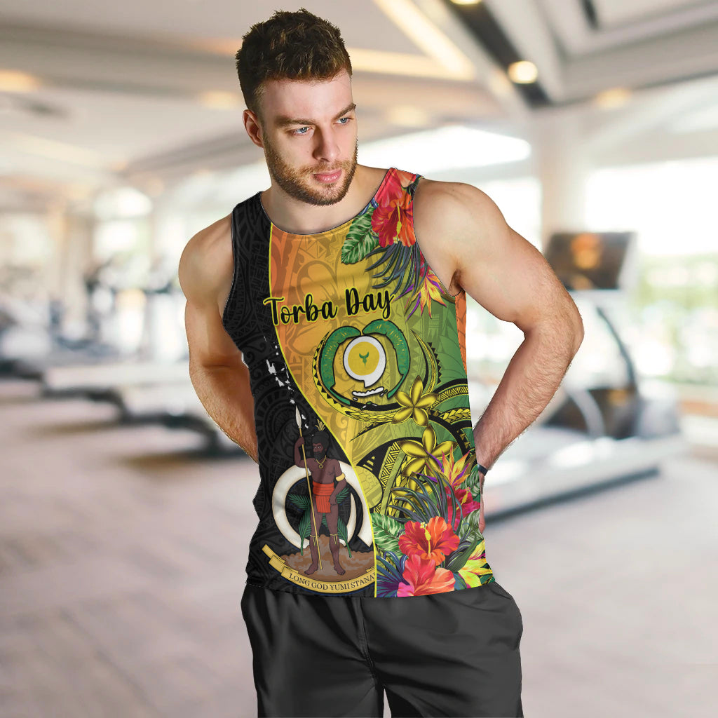 Personalised Vanuatu Torba Day Men Tank Top Coat Of Arms Mix Tropical Flowers LT14 - Polynesian Pride