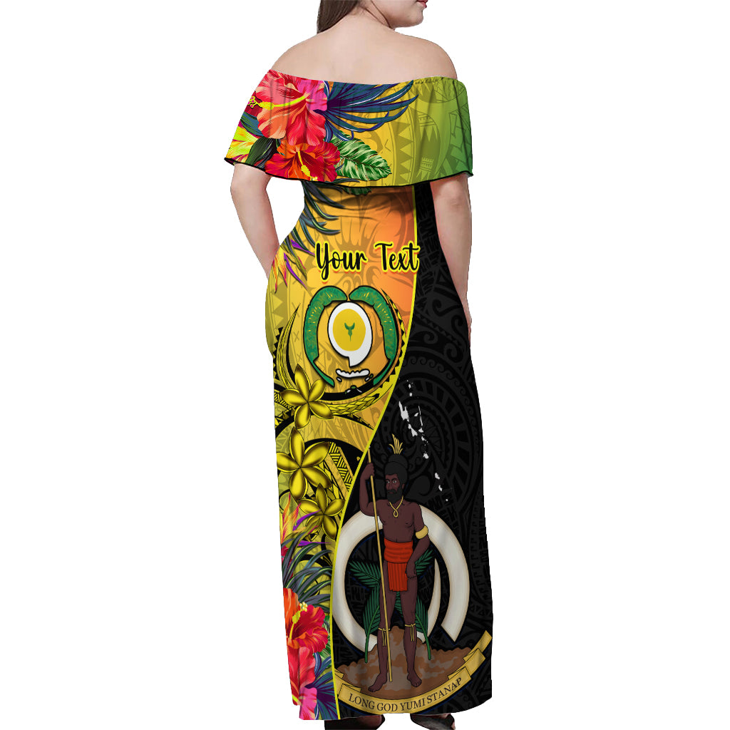 Personalised Vanuatu Torba Day Off Shoulder Maxi Dress Coat Of Arms Mix Tropical Flowers LT14 - Polynesian Pride