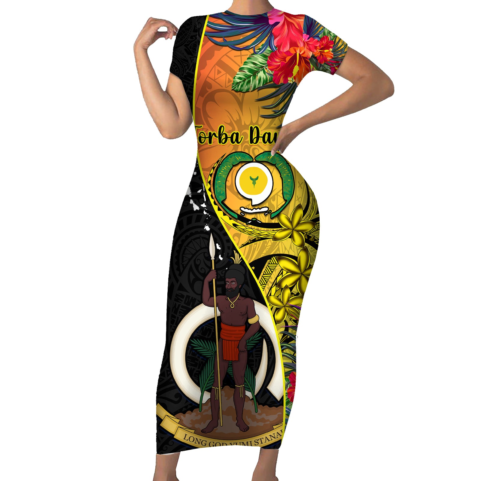 personalised-vanuatu-torba-day-short-sleeve-bodycon-dress-coat-of-arms-mix-tropical-flowers