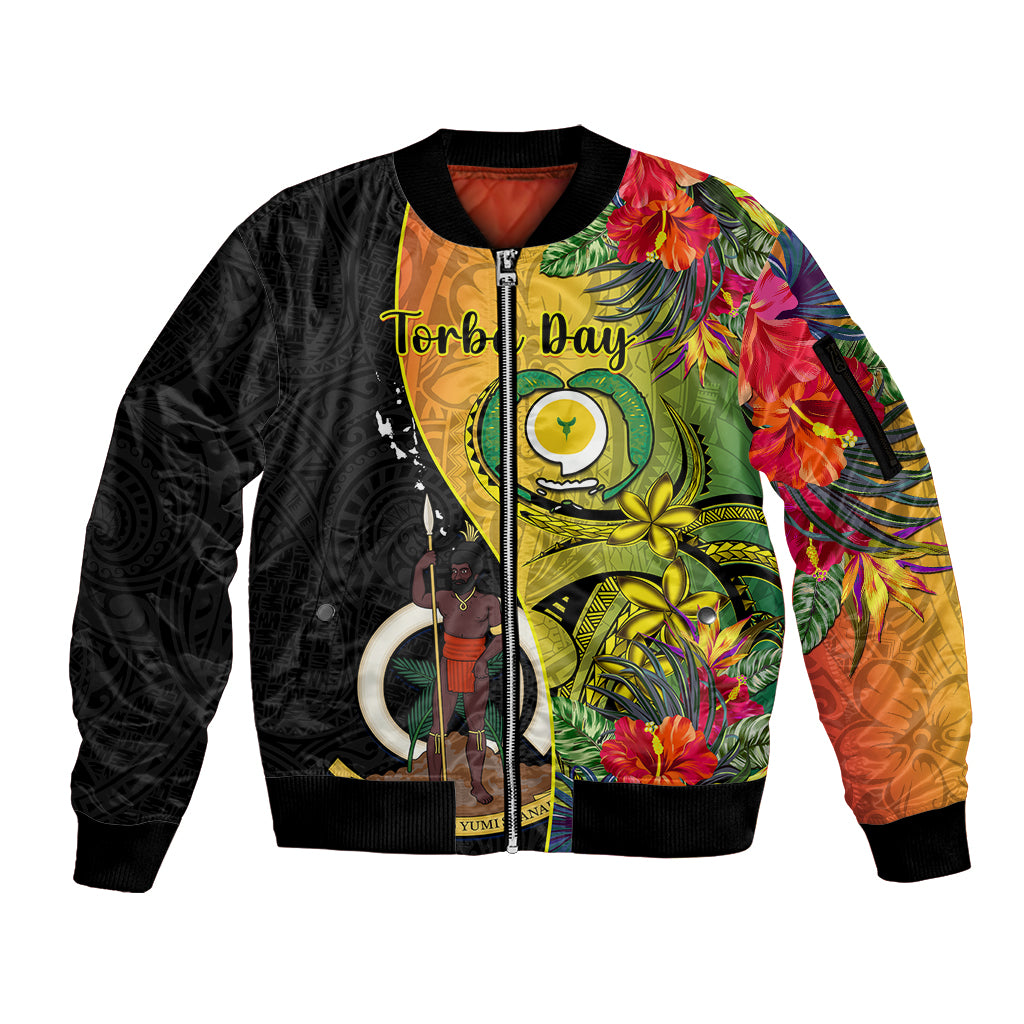 Personalised Vanuatu Torba Day Sleeve Zip Bomber Jacket Coat Of Arms Mix Tropical Flowers LT14 Unisex Black - Polynesian Pride