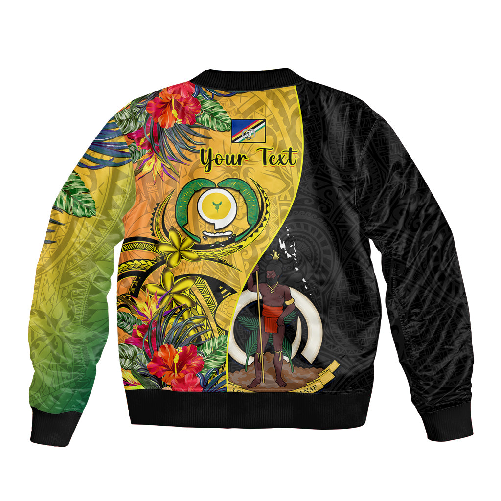 Personalised Vanuatu Torba Day Sleeve Zip Bomber Jacket Coat Of Arms Mix Tropical Flowers LT14 - Polynesian Pride