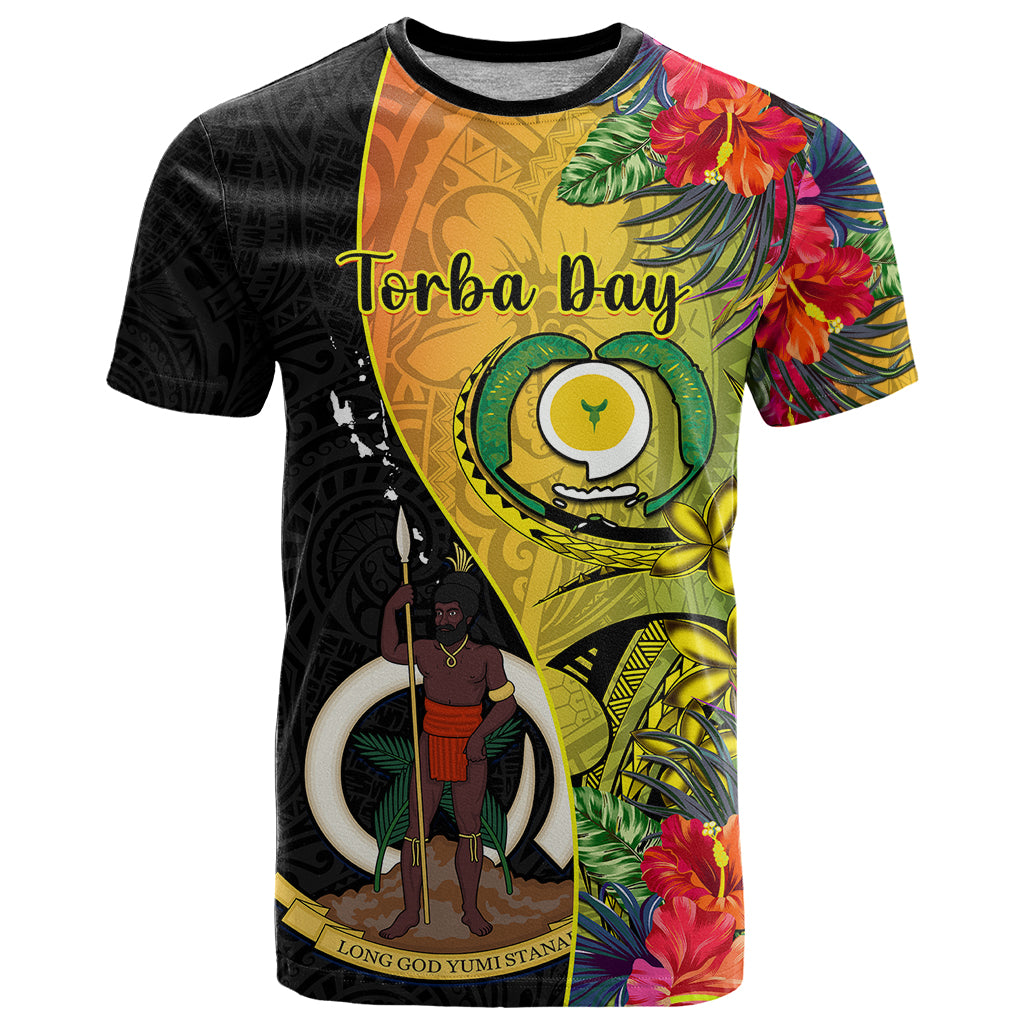 Personalised Vanuatu Torba Day T Shirt Coat Of Arms Mix Tropical Flowers LT14 Black - Polynesian Pride