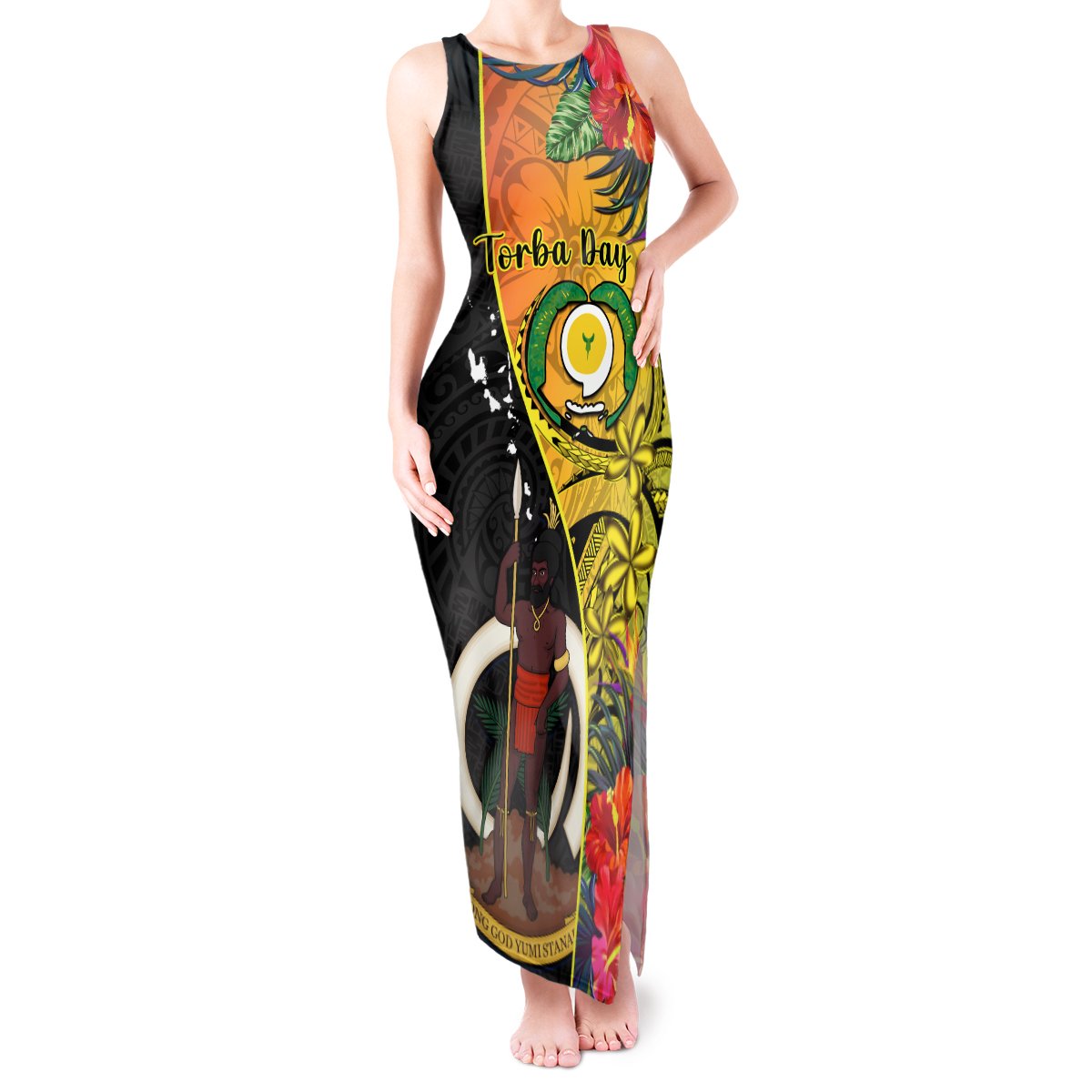 Personalised Vanuatu Torba Day Tank Maxi Dress Coat Of Arms Mix Tropical Flowers LT14 Women Black - Polynesian Pride