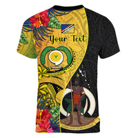 personalised-vanuatu-torba-day-women-v-neck-t-shirt-coat-of-arms-mix-tropical-flowers