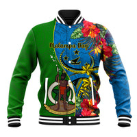 Vanuatu Malampa Day Baseball Jacket Coat Of Arms Mix Tropical Flowers LT14 Unisex Green - Polynesian Pride