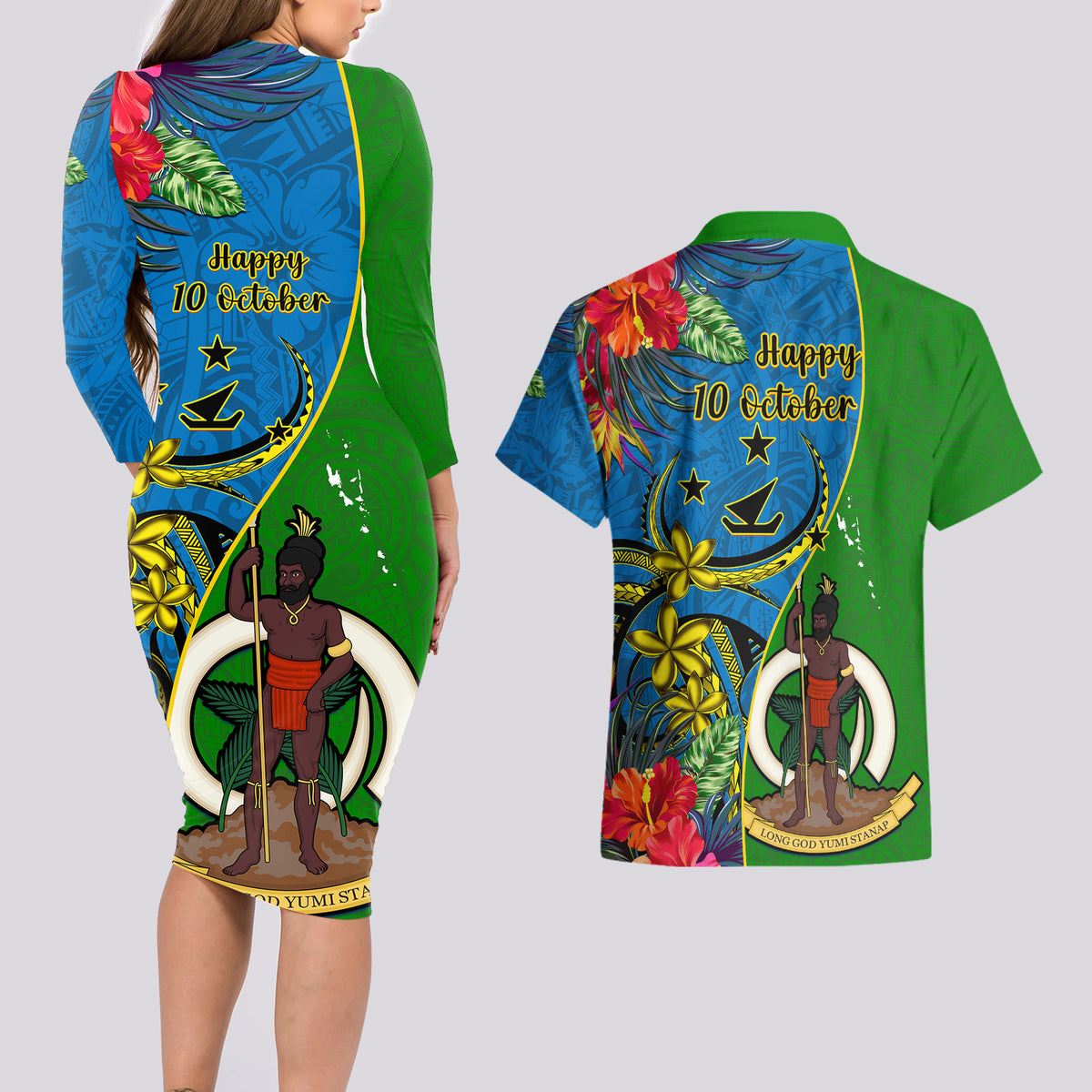 vanuatu-malampa-day-couples-matching-long-sleeve-bodycon-dress-and-hawaiian-shirt-coat-of-arms-mix-tropical-flowers