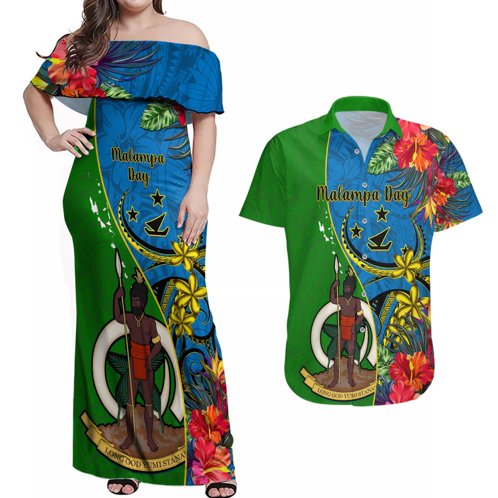 vanuatu-malampa-day-couples-matching-off-shoulder-maxi-dress-and-hawaiian-shirt-coat-of-arms-mix-tropical-flowers