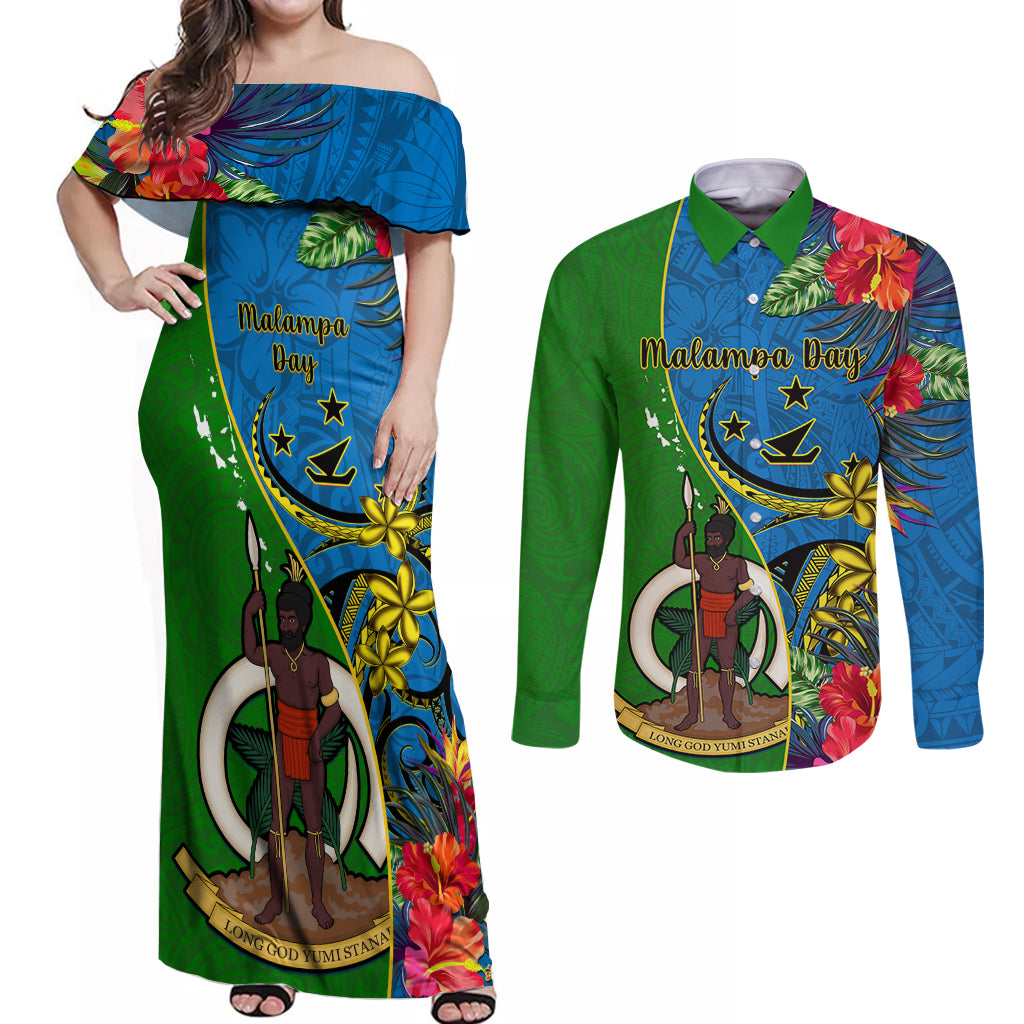 vanuatu-malampa-day-couples-matching-off-shoulder-maxi-dress-and-long-sleeve-button-shirts-coat-of-arms-mix-tropical-flowers