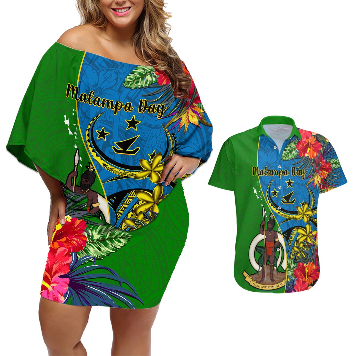 Vanuatu Malampa Day Couples Matching Off Shoulder Short Dress and Hawaiian Shirt Coat Of Arms Mix Tropical Flowers LT14 Green - Polynesian Pride
