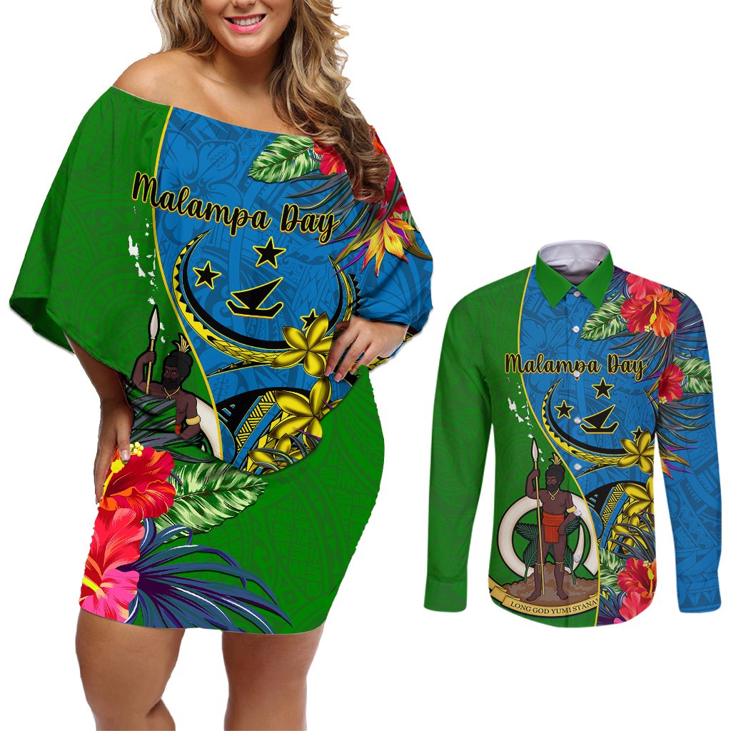 Vanuatu Malampa Day Couples Matching Off Shoulder Short Dress and Long Sleeve Button Shirts Coat Of Arms Mix Tropical Flowers LT14 Green - Polynesian Pride