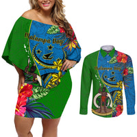 vanuatu-malampa-day-couples-matching-off-shoulder-short-dress-and-long-sleeve-button-shirts-coat-of-arms-mix-tropical-flowers