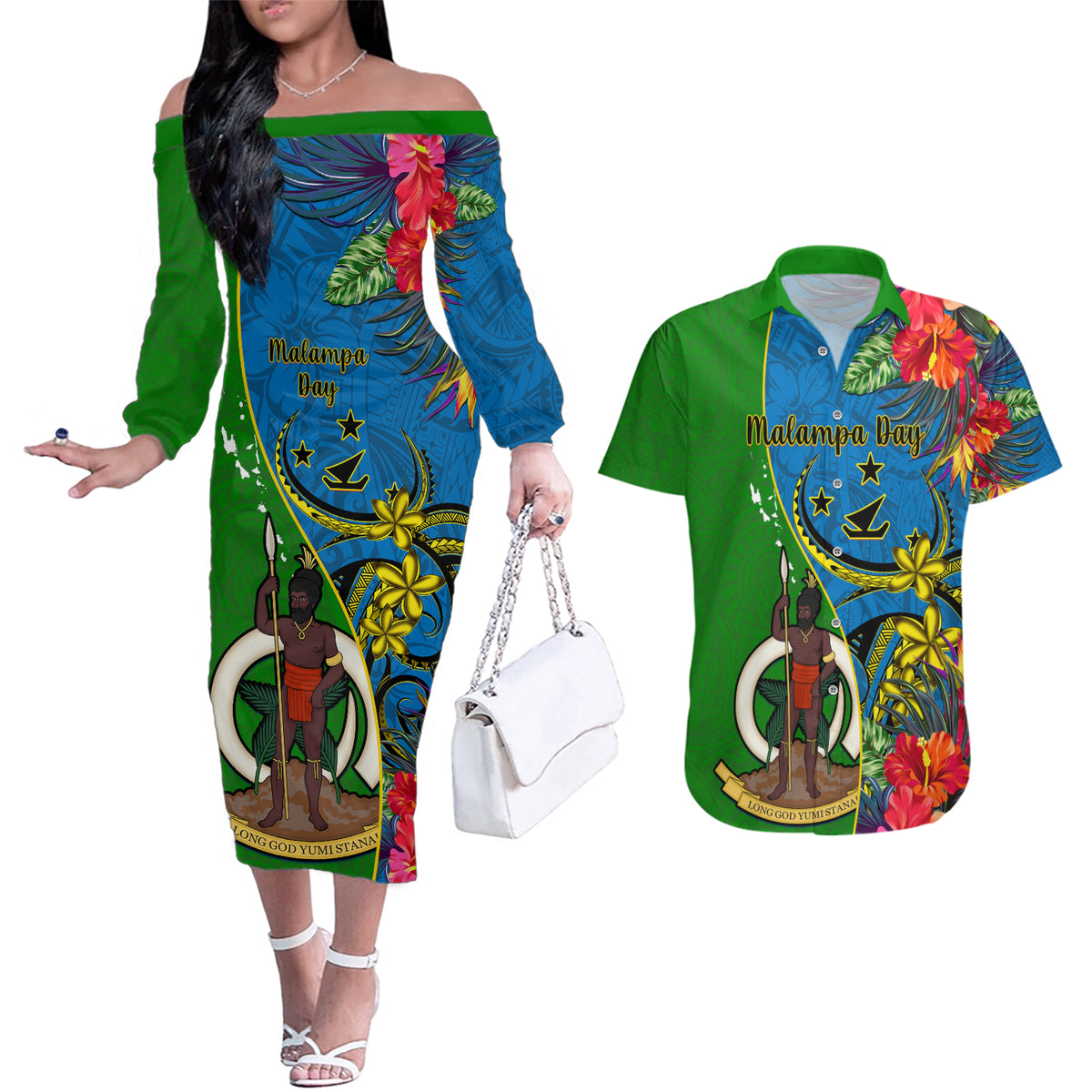 vanuatu-malampa-day-couples-matching-off-the-shoulder-long-sleeve-dress-and-hawaiian-shirt-coat-of-arms-mix-tropical-flowers