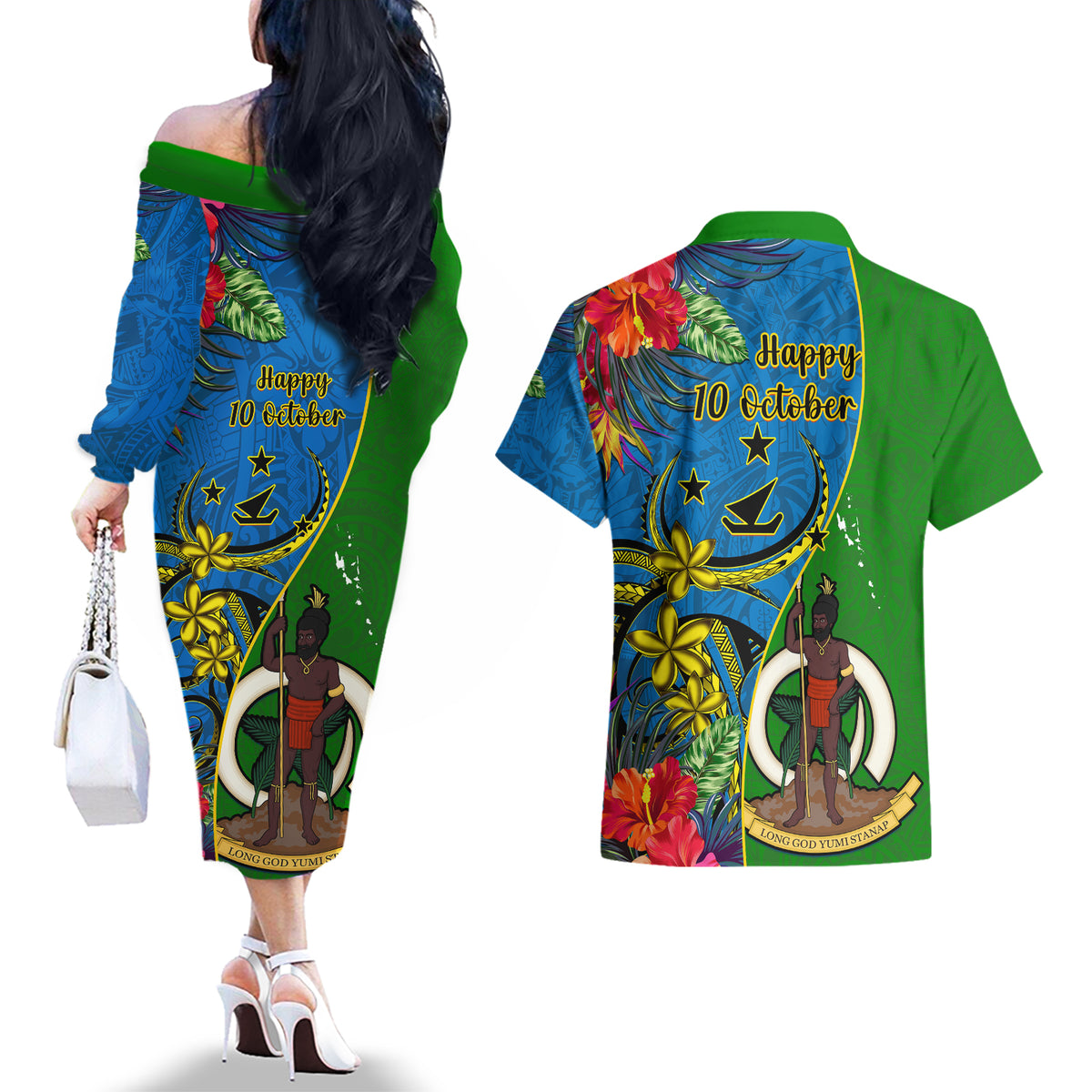 vanuatu-malampa-day-couples-matching-off-the-shoulder-long-sleeve-dress-and-hawaiian-shirt-coat-of-arms-mix-tropical-flowers