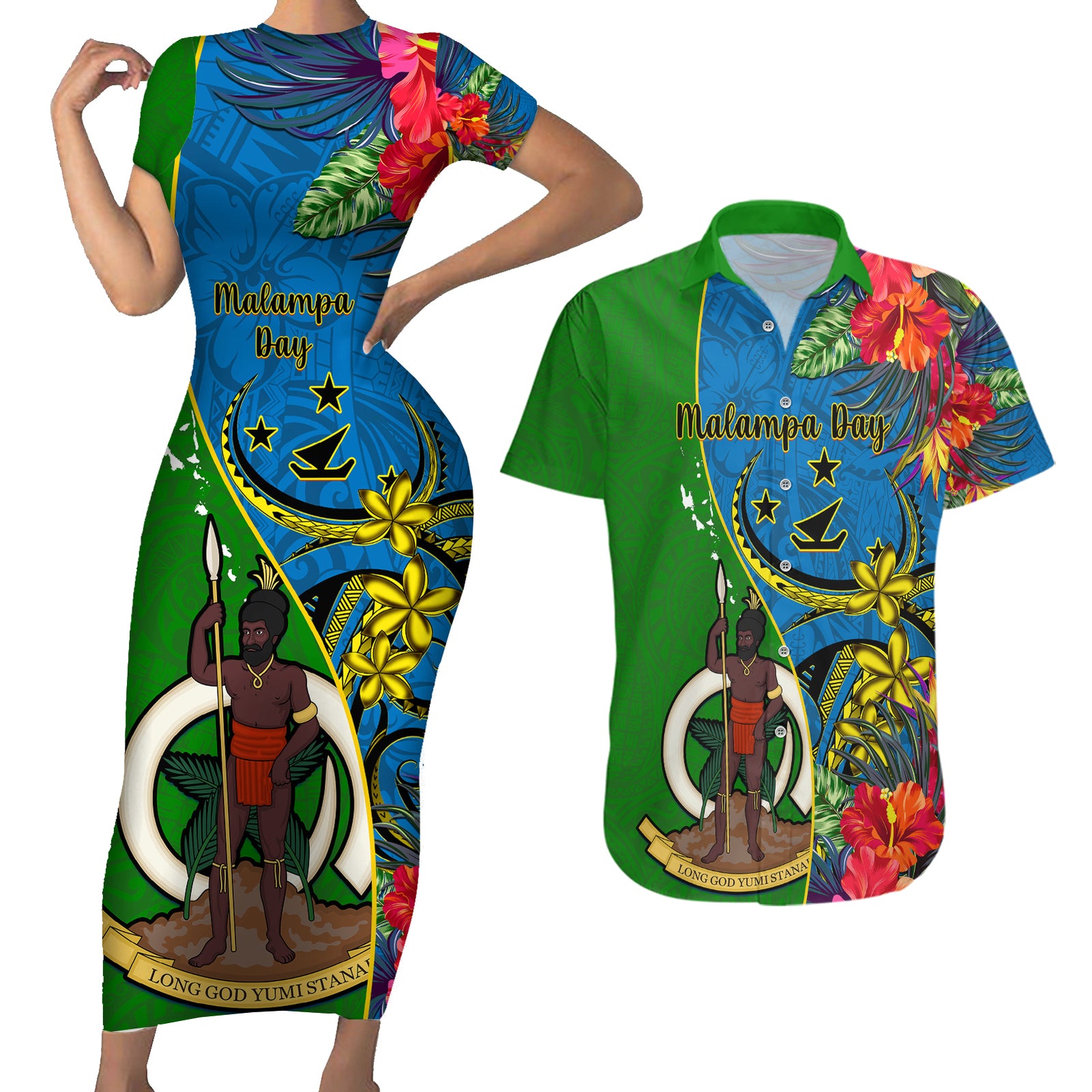 Vanuatu Malampa Day Couples Matching Short Sleeve Bodycon Dress and Hawaiian Shirt Coat Of Arms Mix Tropical Flowers LT14 Green - Polynesian Pride