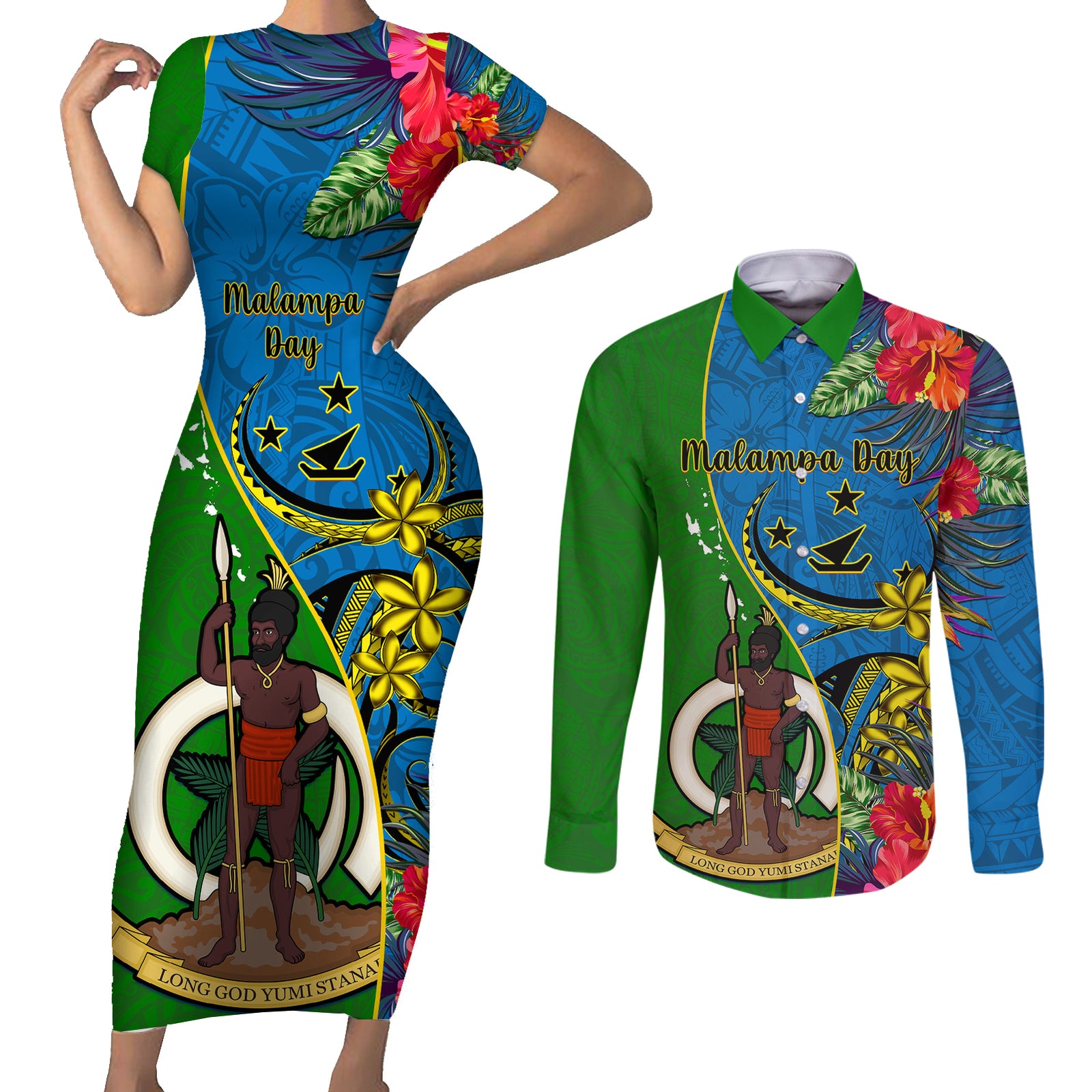 Vanuatu Malampa Day Couples Matching Short Sleeve Bodycon Dress and Long Sleeve Button Shirts Coat Of Arms Mix Tropical Flowers LT14 Green - Polynesian Pride