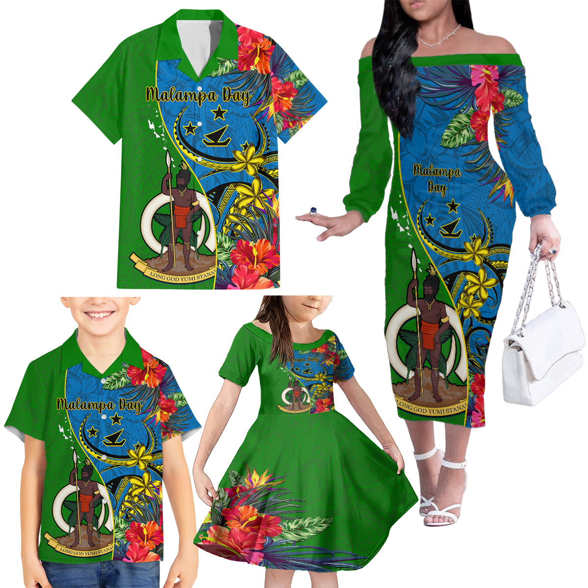 vanuatu-malampa-day-family-matching-off-shoulder-long-sleeve-dress-and-hawaiian-shirt-coat-of-arms-mix-tropical-flowers