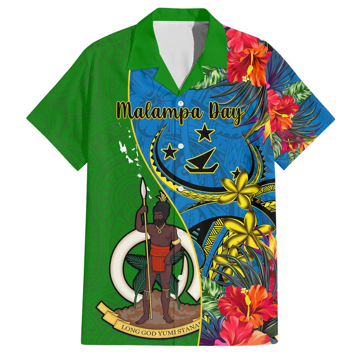 Vanuatu Malampa Day Hawaiian Shirt Coat Of Arms Mix Tropical Flowers LT14 Green - Polynesian Pride