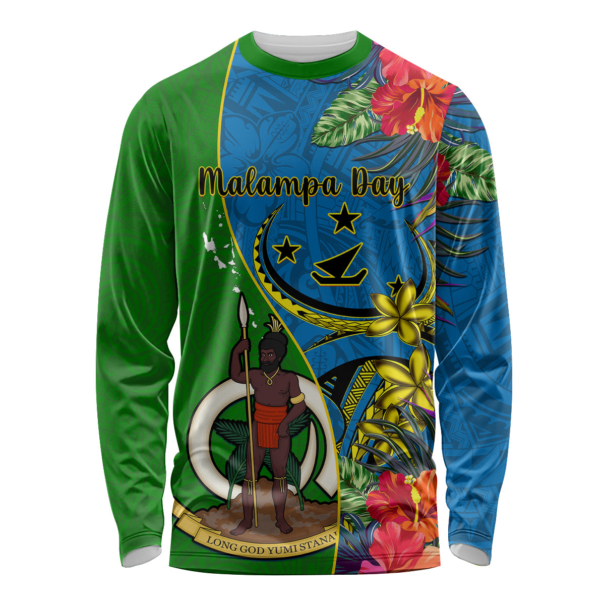 Vanuatu Malampa Day Long Sleeve Shirt Coat Of Arms Mix Tropical Flowers LT14 Unisex Green - Polynesian Pride