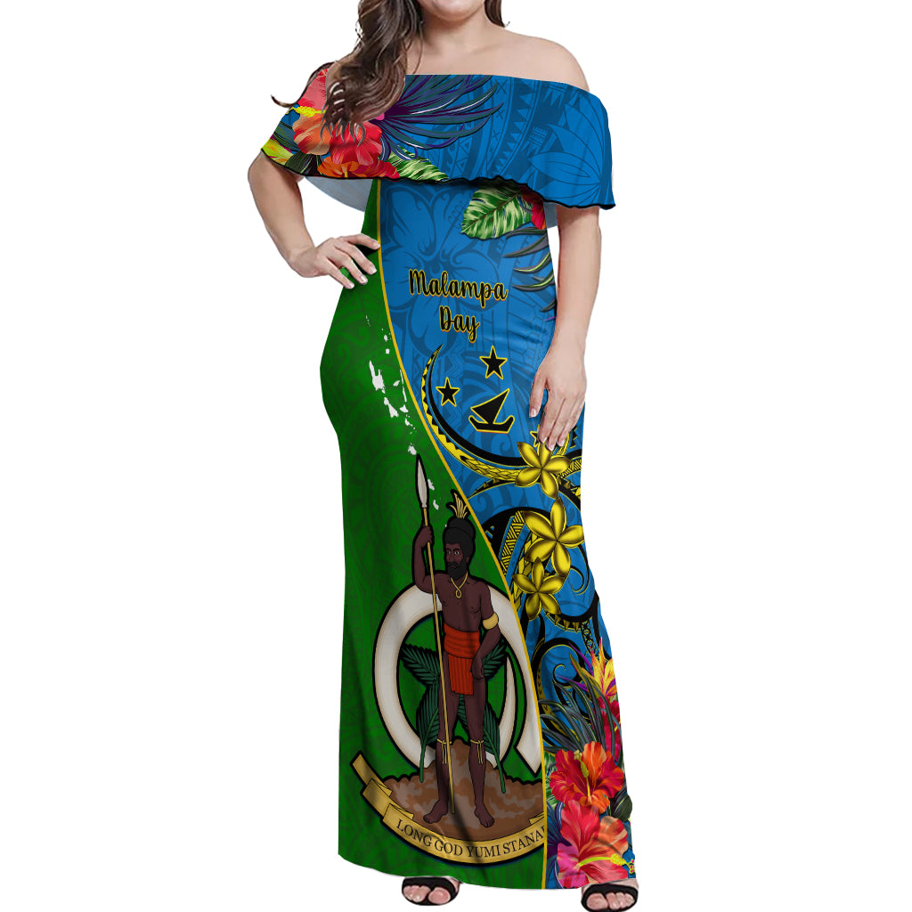 Vanuatu Malampa Day Off Shoulder Maxi Dress Coat Of Arms Mix Tropical Flowers LT14 Women Green - Polynesian Pride