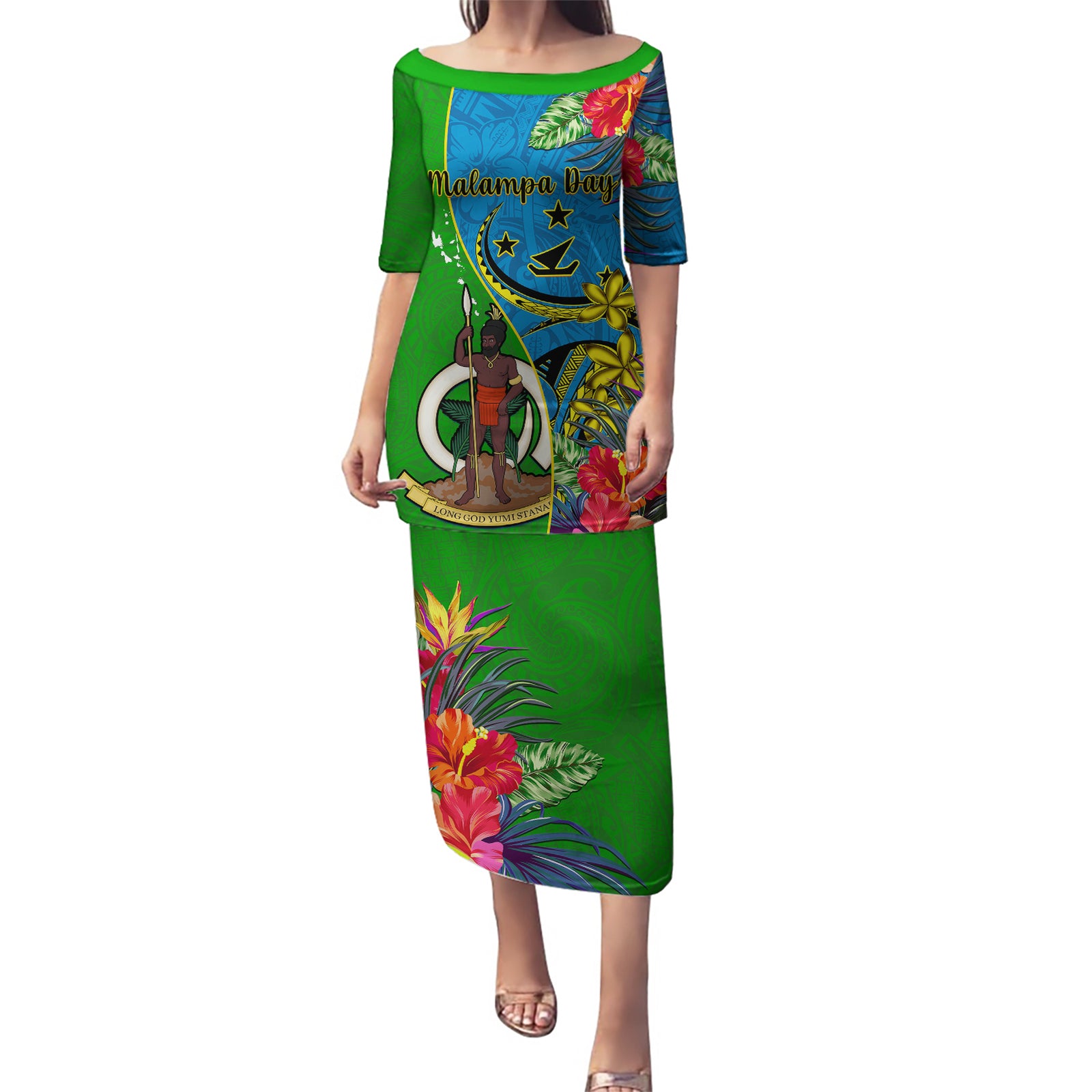 Vanuatu Malampa Day Puletasi Coat Of Arms Mix Tropical Flowers LT14 Long Dress Green - Polynesian Pride
