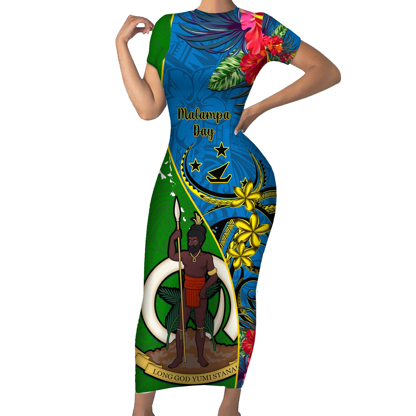 vanuatu-malampa-day-short-sleeve-bodycon-dress-coat-of-arms-mix-tropical-flowers