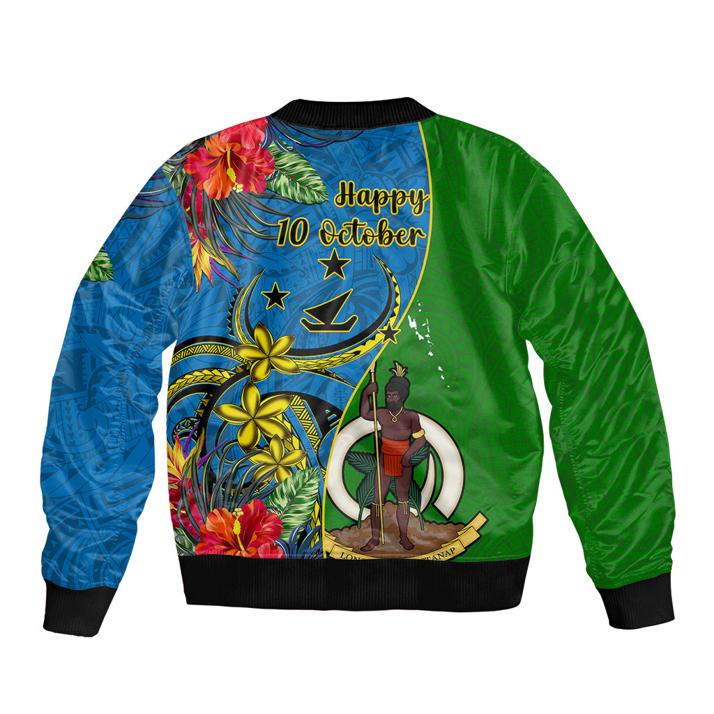 Vanuatu Malampa Day Sleeve Zip Bomber Jacket Coat Of Arms Mix Tropical Flowers LT14 - Polynesian Pride