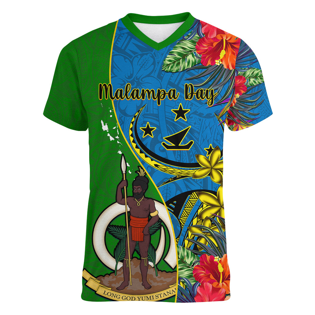 vanuatu-malampa-day-women-v-neck-t-shirt-coat-of-arms-mix-tropical-flowers