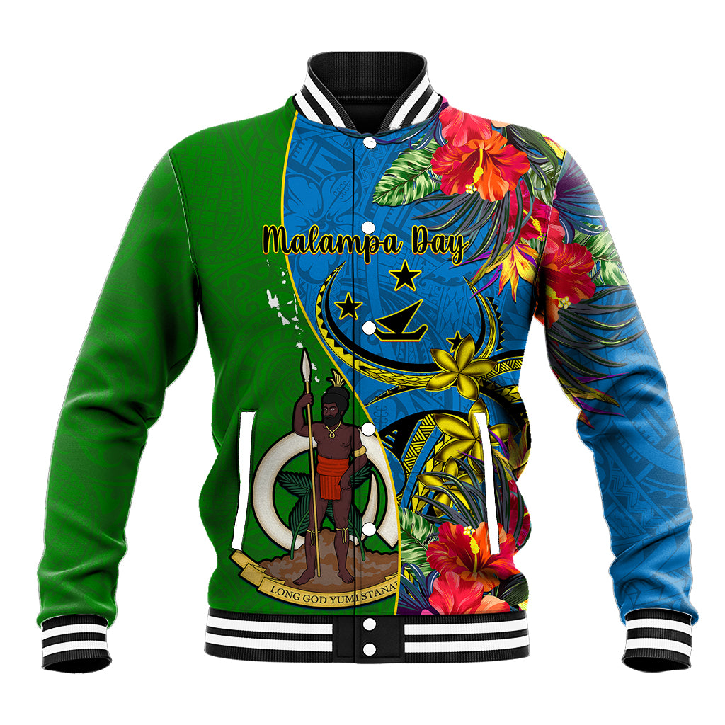 Personalised Vanuatu Malampa Day Baseball Jacket Coat Of Arms Mix Tropical Flowers LT14 Unisex Green - Polynesian Pride