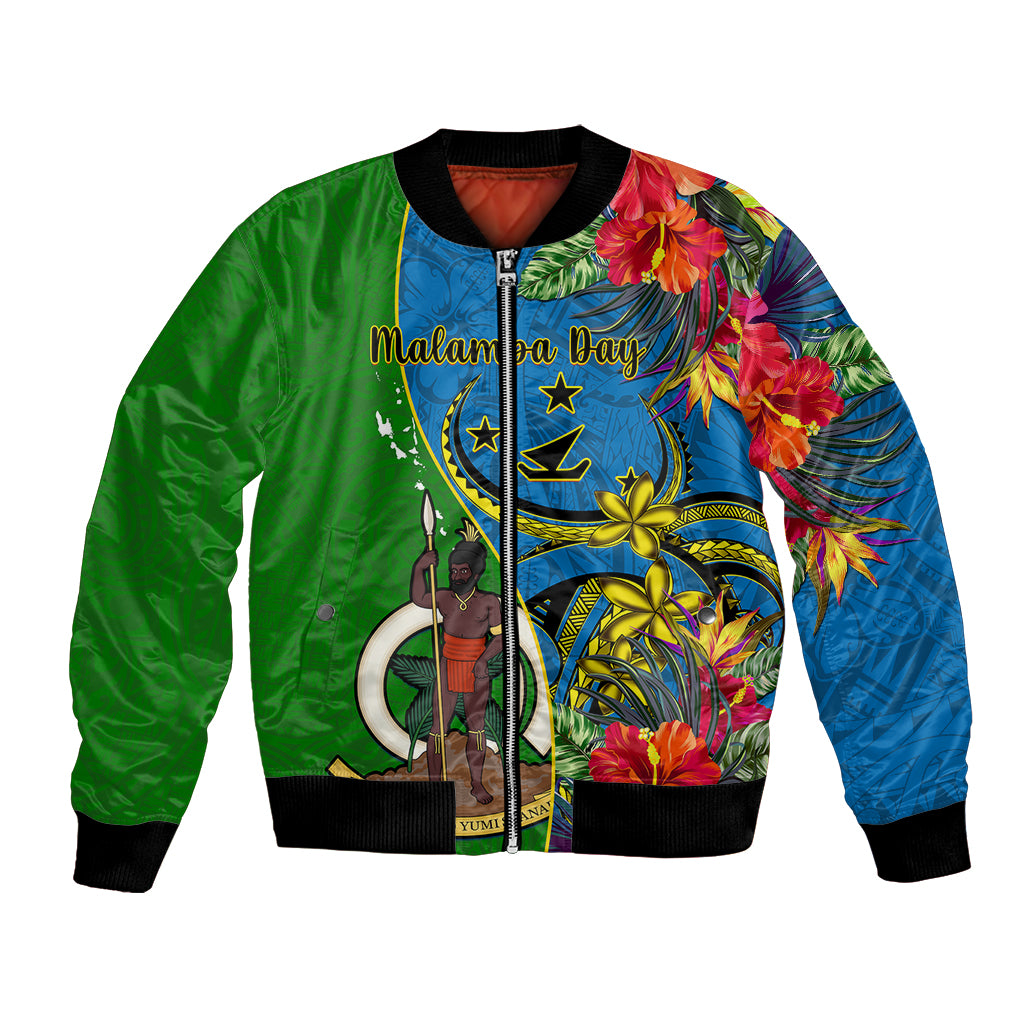 Personalised Vanuatu Malampa Day Bomber Jacket Coat Of Arms Mix Tropical Flowers LT14 Unisex Green - Polynesian Pride