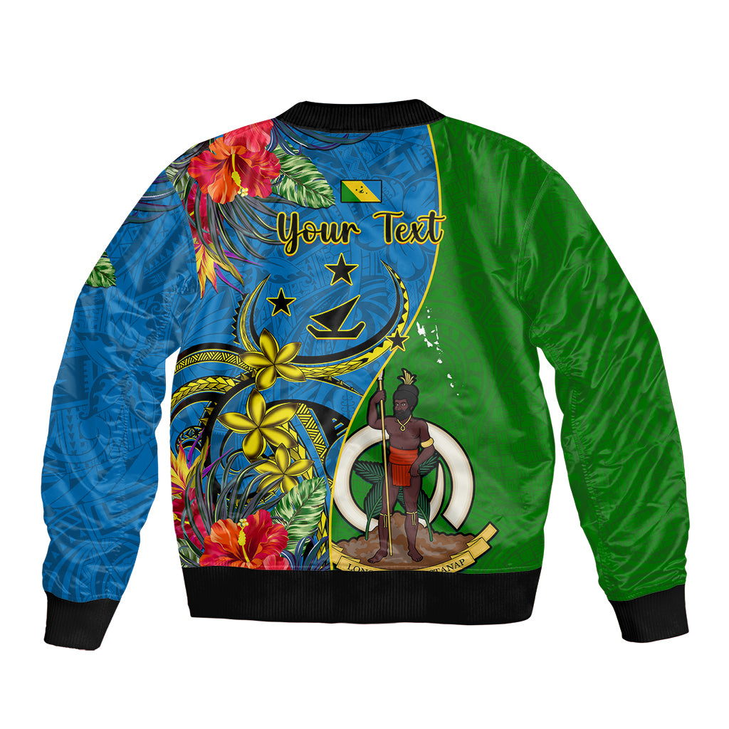 Personalised Vanuatu Malampa Day Bomber Jacket Coat Of Arms Mix Tropical Flowers LT14 - Polynesian Pride