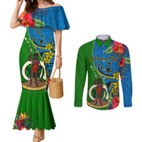 personalised-vanuatu-malampa-day-couples-matching-mermaid-dress-and-long-sleeve-button-shirts-coat-of-arms-mix-tropical-flowers