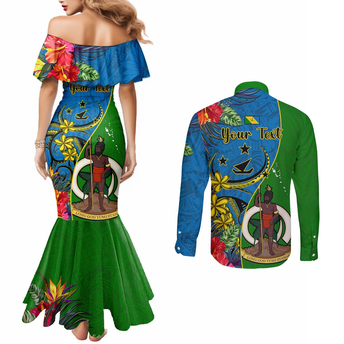personalised-vanuatu-malampa-day-couples-matching-mermaid-dress-and-long-sleeve-button-shirts-coat-of-arms-mix-tropical-flowers