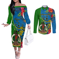 personalised-vanuatu-malampa-day-couples-matching-off-the-shoulder-long-sleeve-dress-and-long-sleeve-button-shirts-coat-of-arms-mix-tropical-flowers