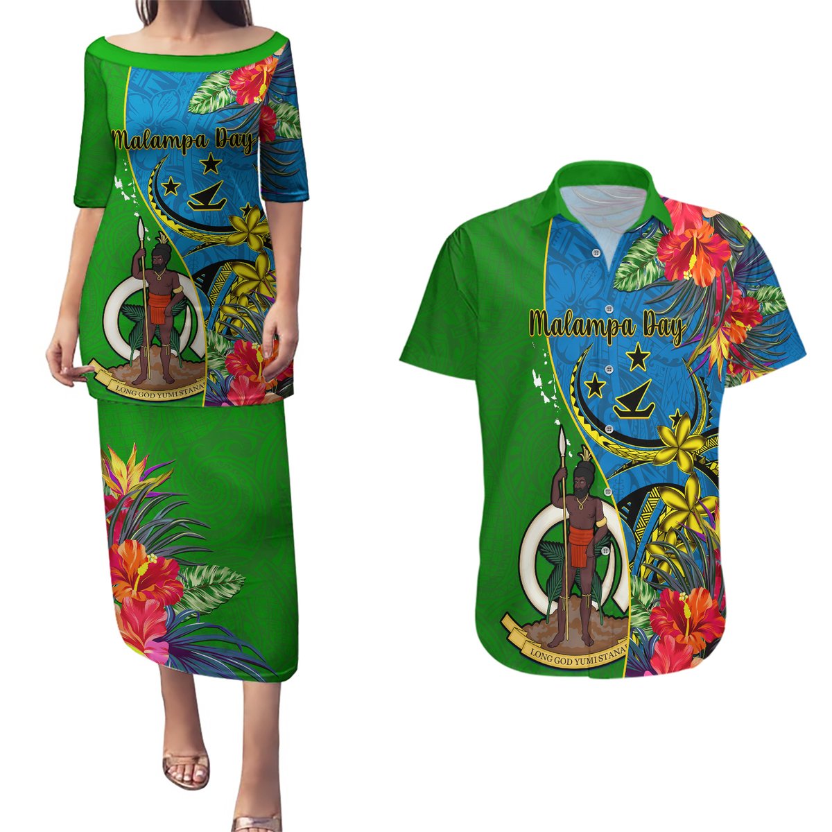 Personalised Vanuatu Malampa Day Couples Matching Puletasi Dress and Hawaiian Shirt Coat Of Arms Mix Tropical Flowers LT14 Green - Polynesian Pride