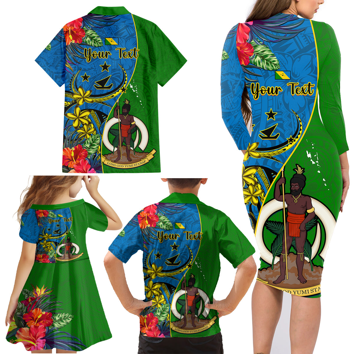 personalised-vanuatu-malampa-day-family-matching-long-sleeve-bodycon-dress-and-hawaiian-shirt-coat-of-arms-mix-tropical-flowers