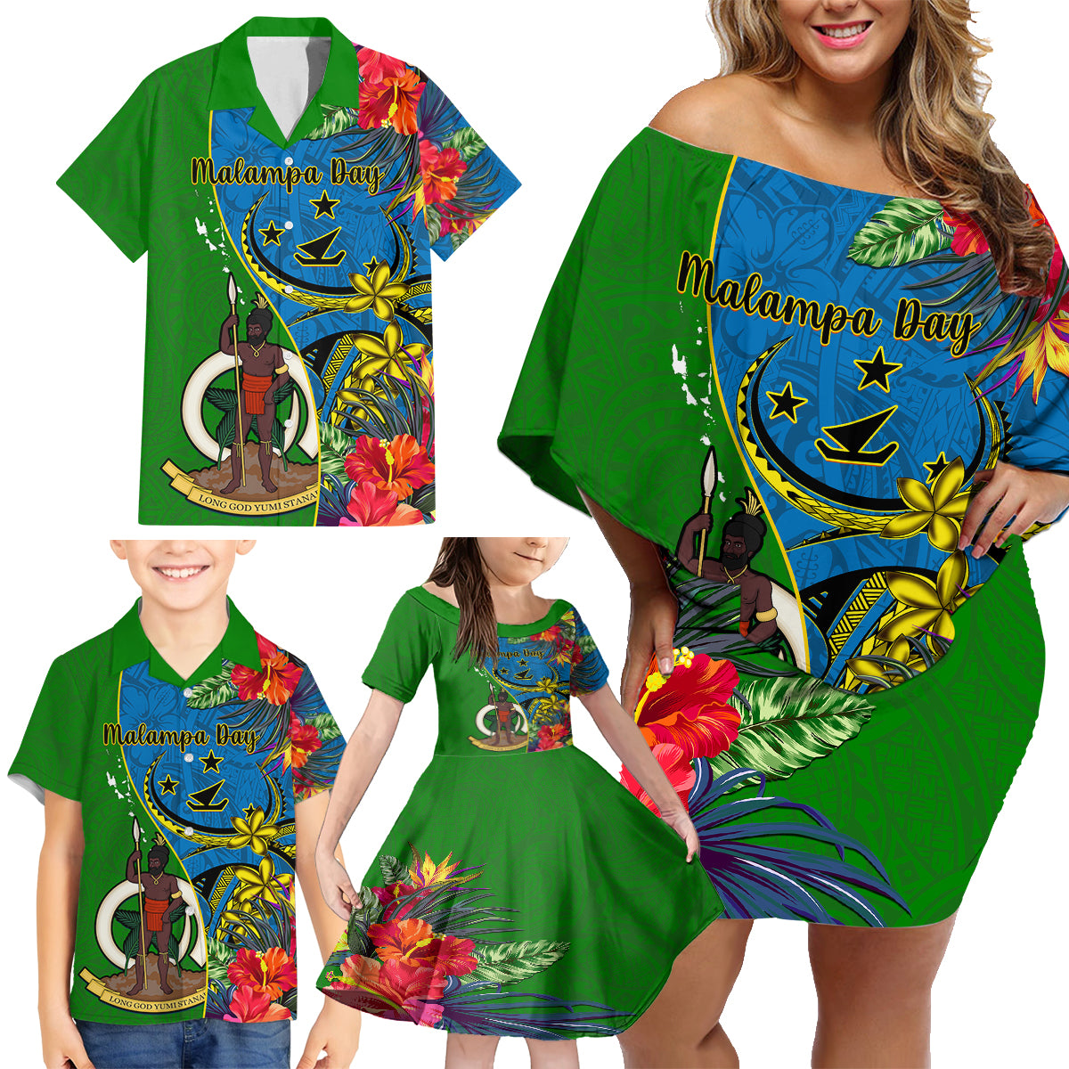 personalised-vanuatu-malampa-day-family-matching-off-shoulder-short-dress-and-hawaiian-shirt-coat-of-arms-mix-tropical-flowers