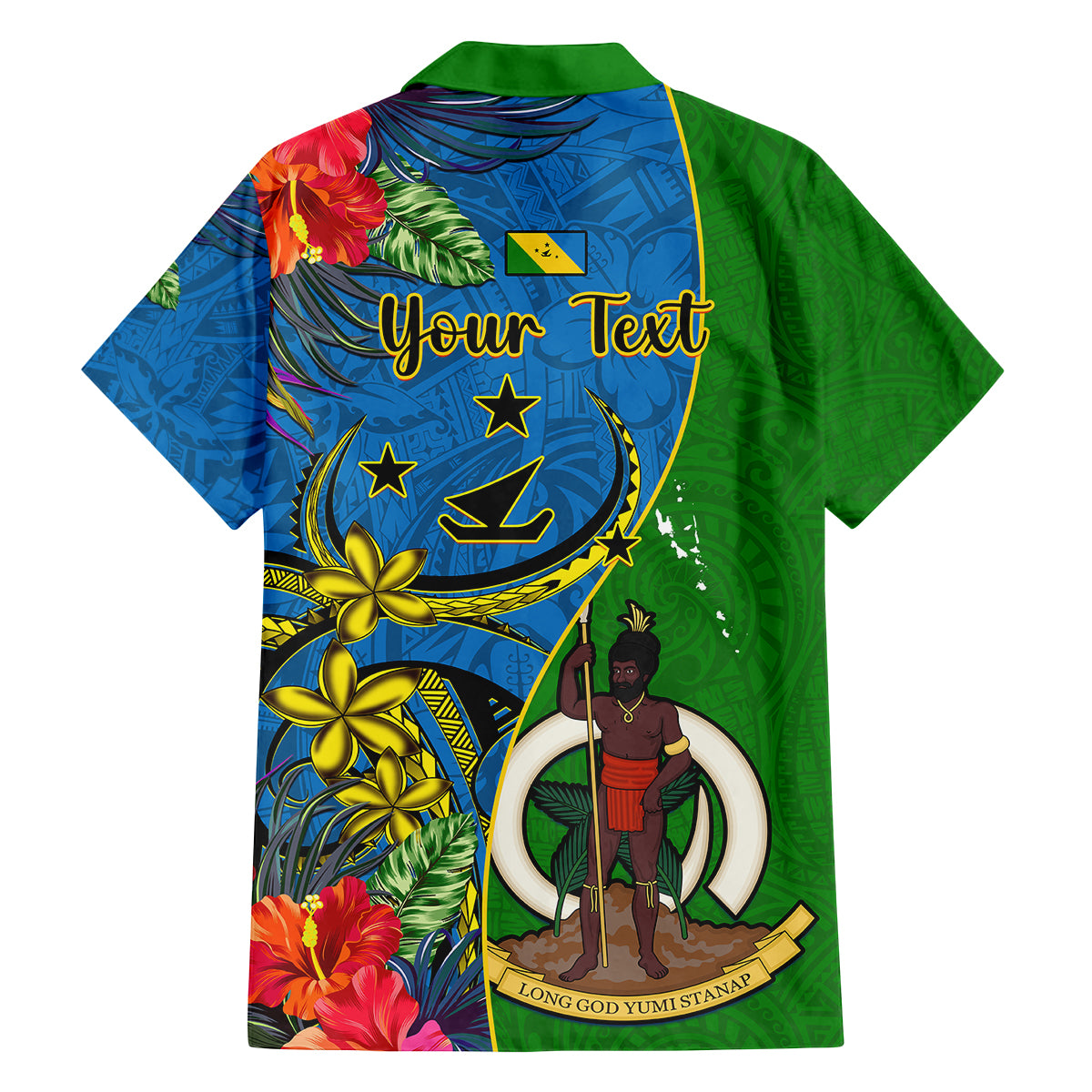 personalised-vanuatu-malampa-day-family-matching-off-shoulder-short-dress-and-hawaiian-shirt-coat-of-arms-mix-tropical-flowers