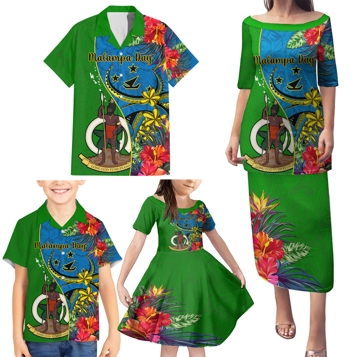 Personalised Vanuatu Malampa Day Family Matching Puletasi Dress and Hawaiian Shirt Coat Of Arms Mix Tropical Flowers LT14 - Polynesian Pride