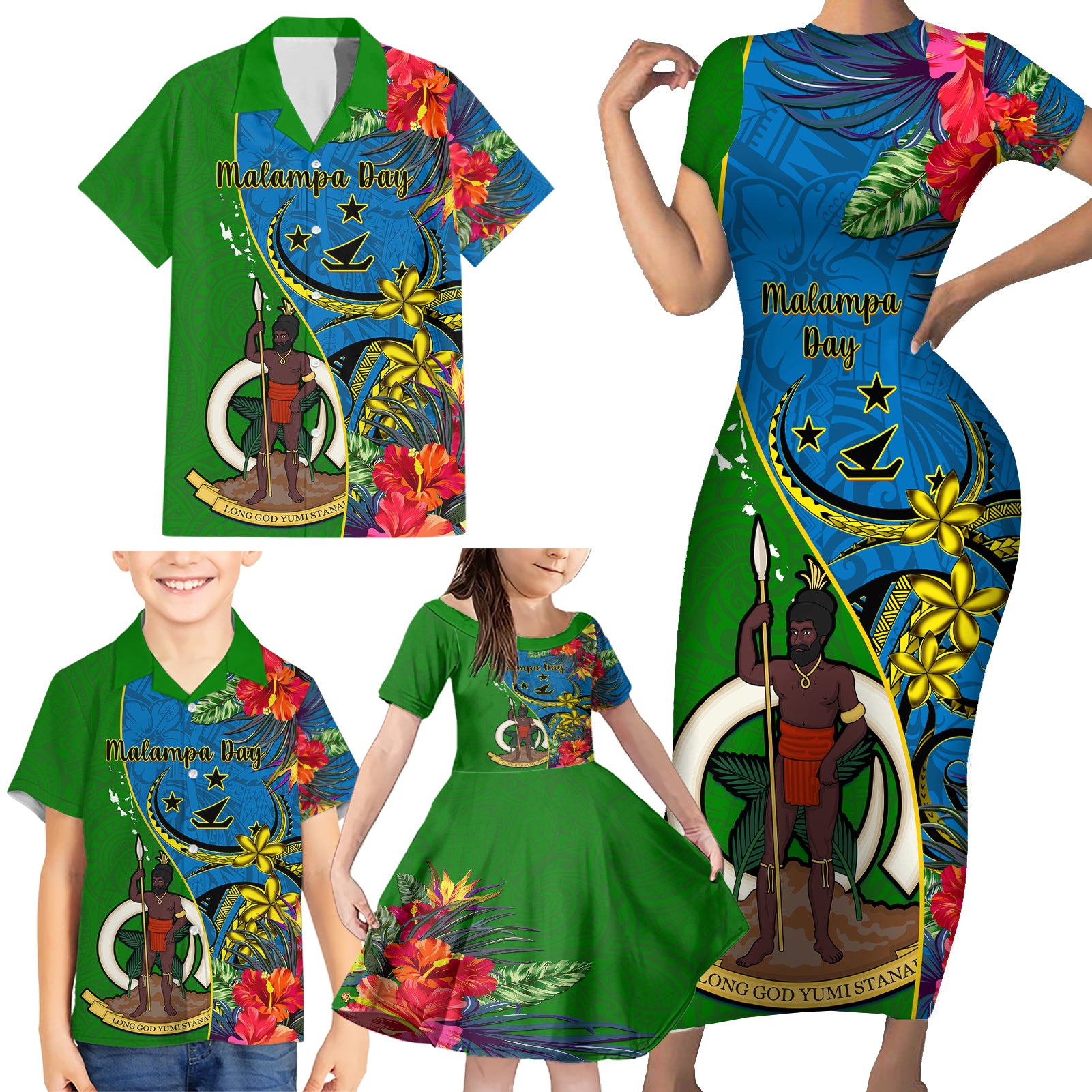 personalised-vanuatu-malampa-day-family-matching-short-sleeve-bodycon-dress-and-hawaiian-shirt-coat-of-arms-mix-tropical-flowers